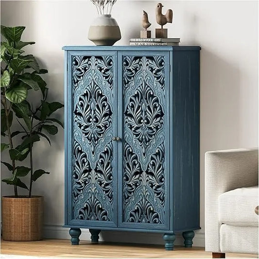 Carved Blue Accent Cabinet with Doors – 47" Farmhouse Storage Cabinet with Solid Wood Legs for Entryway, Bedroom & Living Room