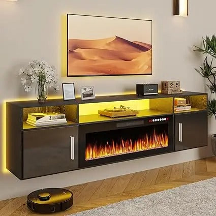 70" Wall-Mounted Floating TV Stand with 36" Electric Fireplace – Modern Entertainment Center with LED Lights & Storage Cabinets