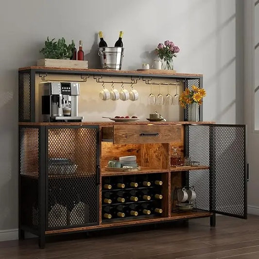 55” Industrial Wine Bar Cabinet with Drawer, LED Lights, Wine Rack & Glass Holder – Coffee Bar Sideboard for Kitchen or Dining Room
