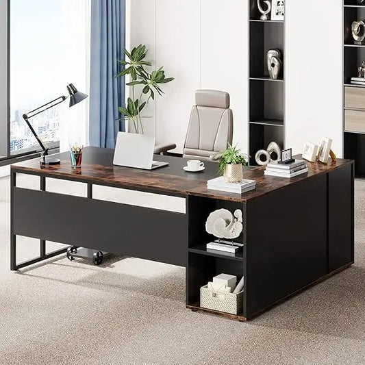 71" L-Shaped Executive Desk with Storage Cabinet – Modern Office Workstation with Shelves, Drawers & Printer Stand
