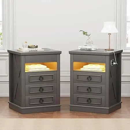 Modern Farmhouse Nightstand with Hidden Gun Drawer, LED Lights & Charging Ports – 3-Drawer Bedside Table with Sensor Lighting