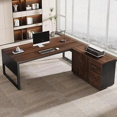 63" L-Shaped Executive Desk with Mobile File Cabinet – Modern Dark Walnut Corner Office Desk with Storage Drawers & Door Cabinet