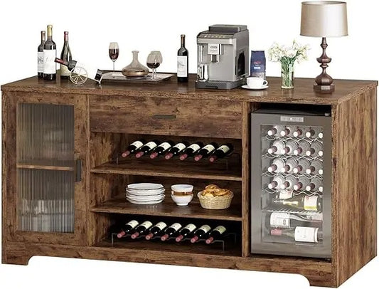 70.9" Farmhouse Bar Cabinet with Fridge Space, Wine Racks & Storage Drawers