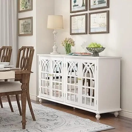 Modern White Sideboard Cabinet with Carved Mirror Doors & Adjustable Storage – Buffet Console for Kitchen, Dining, or Entryway