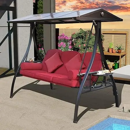 3-Seat Wine Red Outdoor Swing with Adjustable Roof & Cup Holders – Convertible Patio Swing Bed with Cushions & Metal Frame