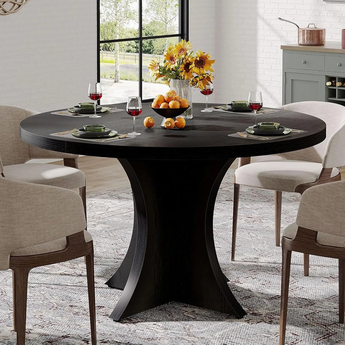 47" Round Farmhouse Dining Table for 4–6, Wood Pedestal Kitchen Table