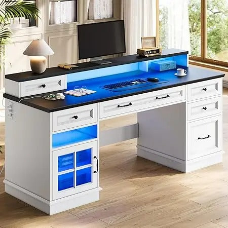 Farmhouse Executive Desk with Drawers, File Cabinet, Power Outlet & RGB LED – 59" Computer Desk with Hutch & Storage for Home Office