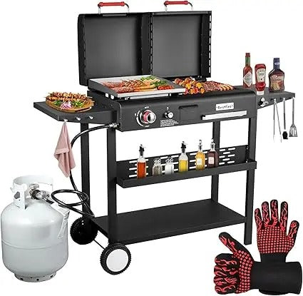 Dual Fuel Gas & Charcoal Grill Combo – Portable BBQ Grill with Flat Top, Side Shelves & Dual Lids