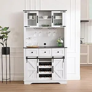 71'' Farmhouse Coffee Bar Cabinet with Sliding Barn Doors, Drawers & Wine Glass Rack – Black Kitchen Pantry & Buffet Storage Cabinet