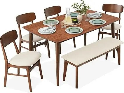 6-Piece Mid-Century Dining Set – Walnut Table with Upholstered Chairs & Bench