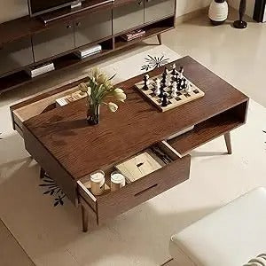 100% Solid Wood Mid-Century Modern Coffee Table – 39.37" Coffee Table with 2 Drawers & Open Shelf, Walnut Finish