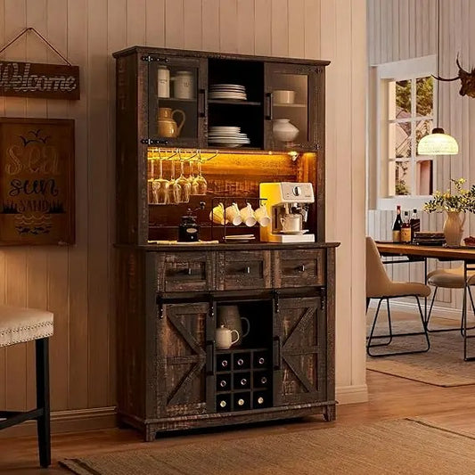 72" Farmhouse Coffee Bar Cabinet with Sliding Barn Door, Wine Glass Racks & Storage Drawers – Rustic Oak Kitchen Sideboard