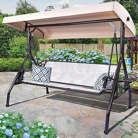 3-Person Outdoor Patio Swing with Adjustable Canopy & Upgraded Cup Holders – Textilene Fabric Porch Swing Chair