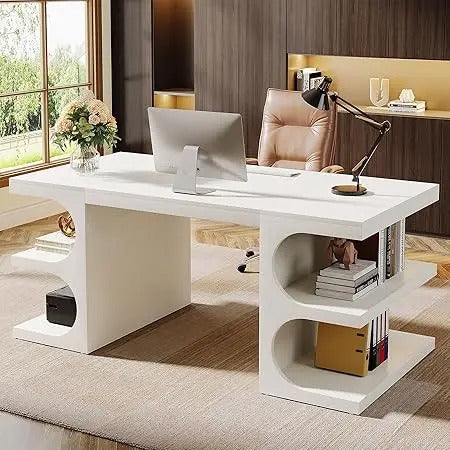 62" Executive Office Desk with Storage Shelves – Modern White Writing Desk for Home Office, Study, or Workstation Use