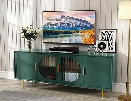 Modern 66" TV Stand for Up to 75" TVs – Green Entertainment Center with Glass Doors, Gold Legs & Storage Cabinets