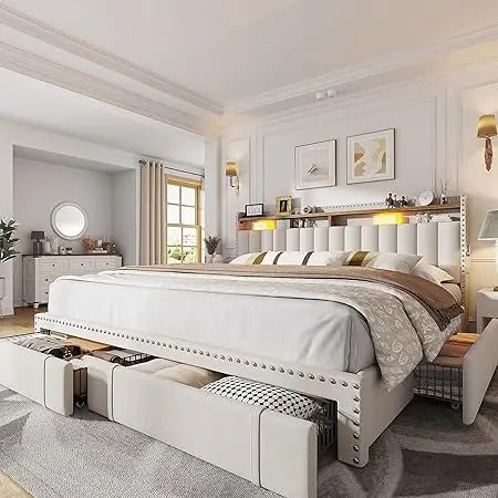 King Size Bed Frame with Storage Drawers & Headboard Shelves – Upholstered Platform Bed, 900 lb Support, Beige