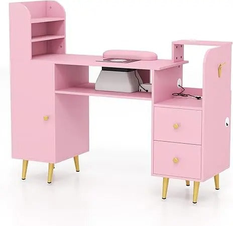 Modern Pink Nail Table with Dust Collector, Storage Cabinets, Power Outlets & Wrist Cushion – Manicure Station for Salon or Home