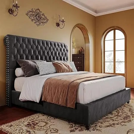 King Size Upholstered Bed Frame with 52.8" Tufted Headboard – Velvet Fabric, No Box Spring Needed, Squeak-Resistant, Dark Grey