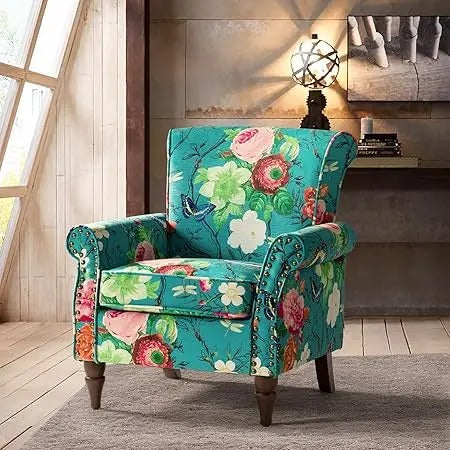 Floral Wingback Accent Chair – Comfy Armchair with Wood Legs & Nailhead Trim, Removable Cushion (Blue)