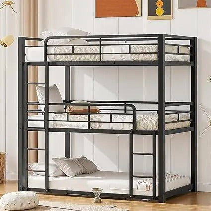 Durable triple-tier metal bunk bed with ladder. Ideal for families, apartments, or shared bedrooms. Easy assembly and no box spring required.