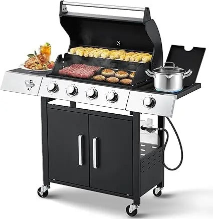 4-Burner Propane Gas Grill with Side Burner – 481 Sq. In. Cooking Space, Lockable Wheels, and Storage Cabinet
