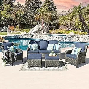 5-Piece Outdoor Wicker Patio Set – High Back Sofa & Ottomans with Navy Cushions, All-Weather Rattan Furniture for Backyard or Porch