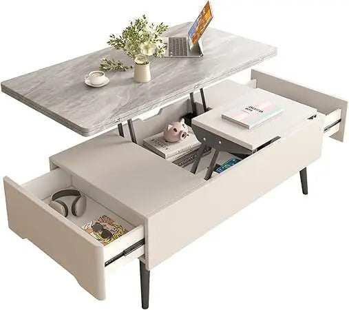 3-in-1 Lift Top Extendable Coffee Table – Hidden Storage, Dining + Workstation in One, Modern White & Grey Center Table