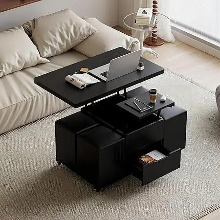 Black Lift-Top Coffee Table with Hidden Storage, 4 Stools & Lockable Wheels – 3-in-1 Multifunctional Modern Table