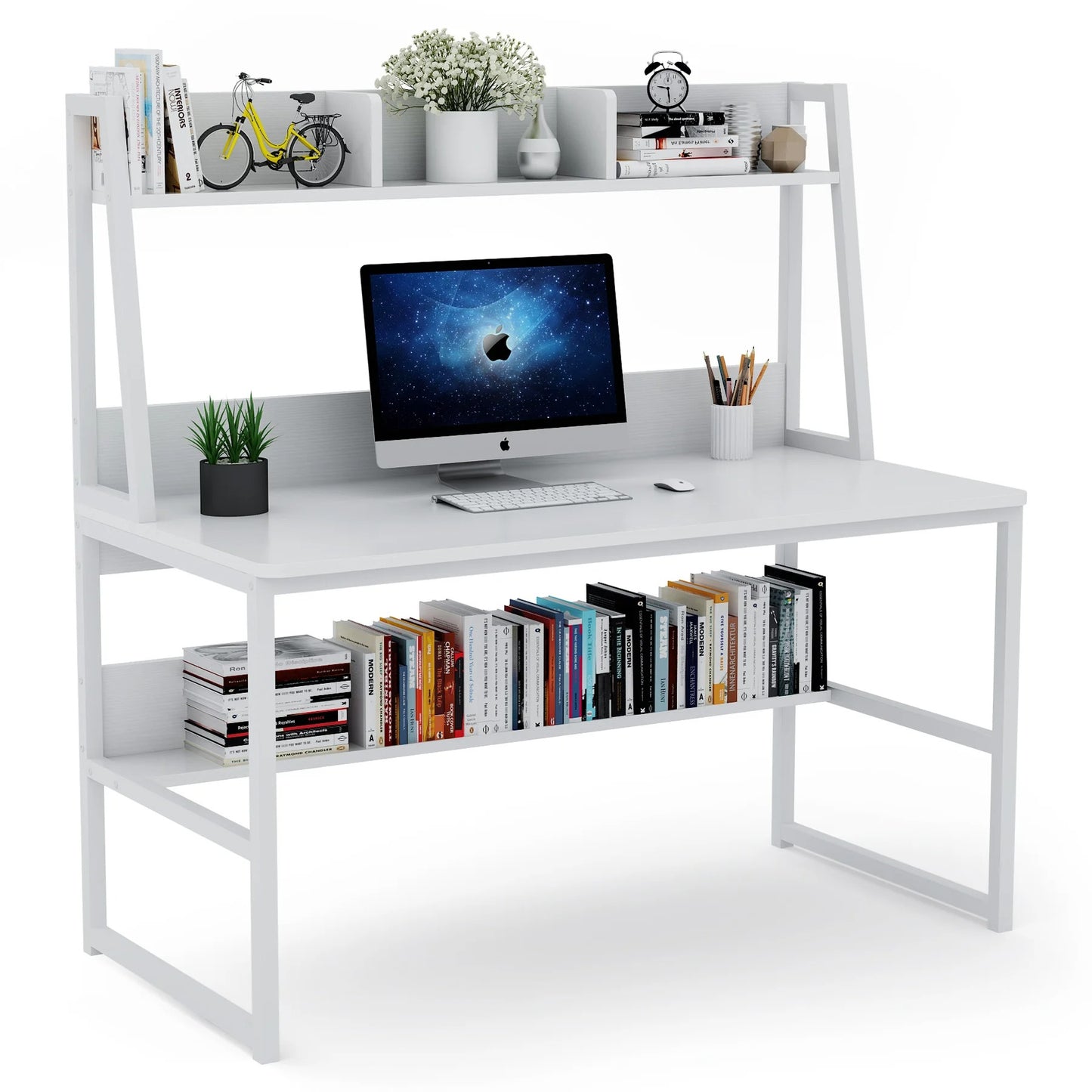 A smart desk-hutch combo that maximizes vertical space, offering ample room for work and storage — perfect for small apartments or tight home office setups.