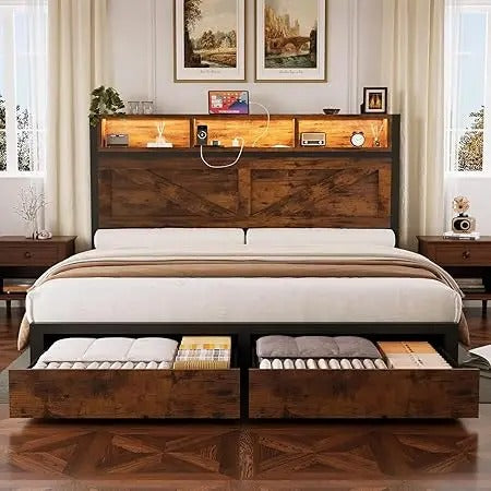Farmhouse Queen Bed with Bookcase Headboard, LED Lights, Charging Station & Storage Drawers