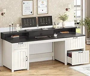 63" Farmhouse Executive Desk with File Drawers, Storage Cabinet & Monitor Stand