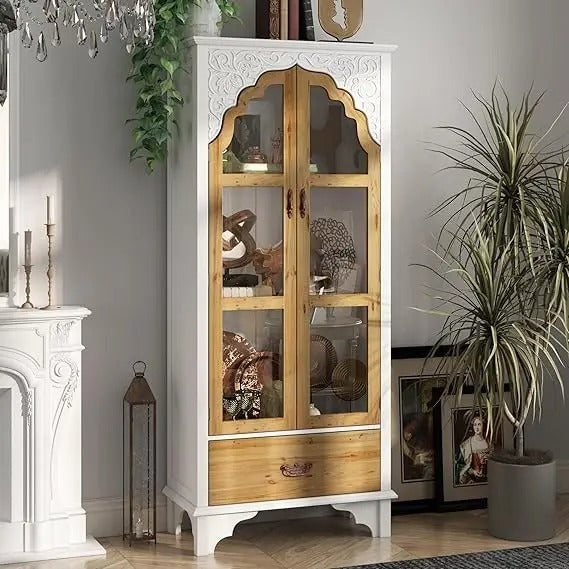 70.9" Farmhouse Kitchen Pantry Cabinet with Carved Glass Doors & Drawer – Corner Storage & Display Cabinet