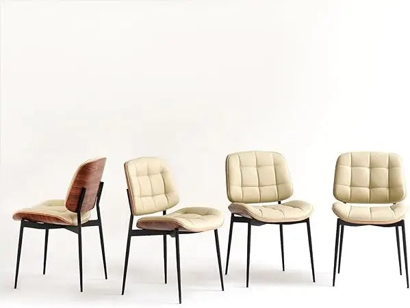 Mid-Century Modern Dining Chairs Set of 4 – Walnut Grain Back, Beige Faux Leather Upholstery, Checkered Cushion, Metal Frame