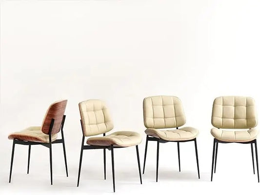 Mid-Century Modern Dining Chairs Set of 4 – Walnut Grain Back, Beige Faux Leather Upholstery, Checkered Cushion, Metal Frame