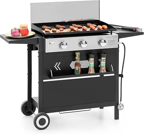 3-Burner 27" Propane Flat Top Griddle Grill with Ceramic Coated Cast Iron Pan – 33,000 BTUs