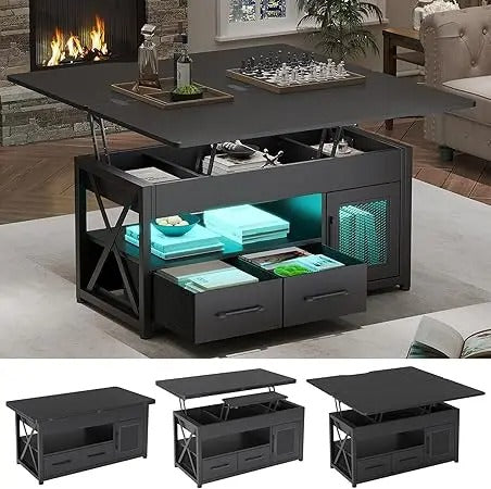 40" Lift Top Coffee Table with Storage – 4-in-1 Multi-Functional Table with Drawers, Cabinet, RGB LED Lights & Hidden Compartments for Living Room