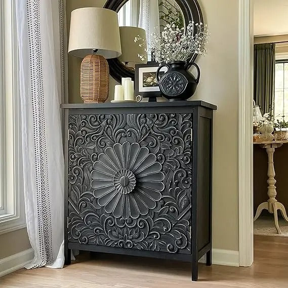 Black Floral Carved Accent Cabinet – 2-Door Vintage Storage Sideboard with Embossed Doors, Engineered Wood Console for Entryway or Living Room