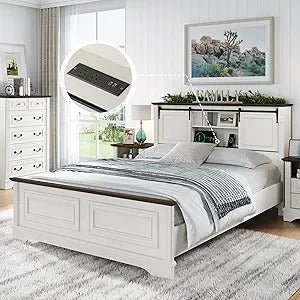 Farmhouse Queen Bed Frame with Bookcase Headboard, Storage, Charging Station & Barn Doors – Antique White Wood Platform