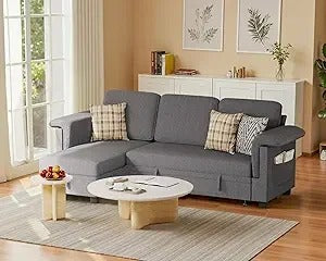 L-Shaped Sleeper Sofa with Pull-Out Bed & Storage Chaise – Space-Saving Linen Couch for Small Living Rooms