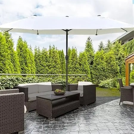 15FT Double-Sided Patio Umbrella with Base & Sand Bag – Extra Large Outdoor Sun Shade with Crank & Vents, UV-Resistant, White