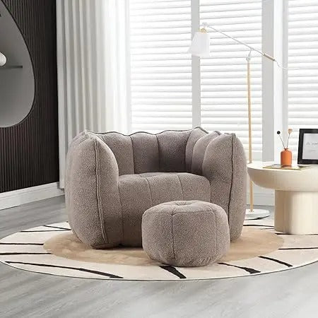 Coffee Chenille Bean Bag Chair with Footstool – Ultra-Soft Foam Lounge Seat for Adults