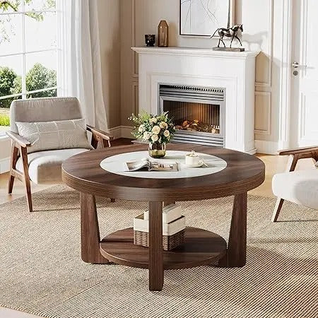 2-Tier Round Coffee Table – Industrial Style with Heavy-Duty Wood Top & Storage Shelf, White/Brown Center Table for Living Room