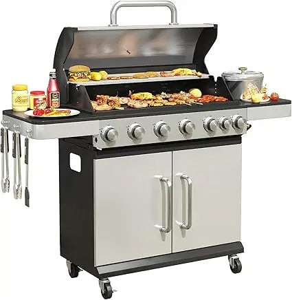 6-Burner Propane BBQ Grill with Side Burner – 65,500 BTU Outdoor Gas Grill with Cast Iron Grates & Prep Space