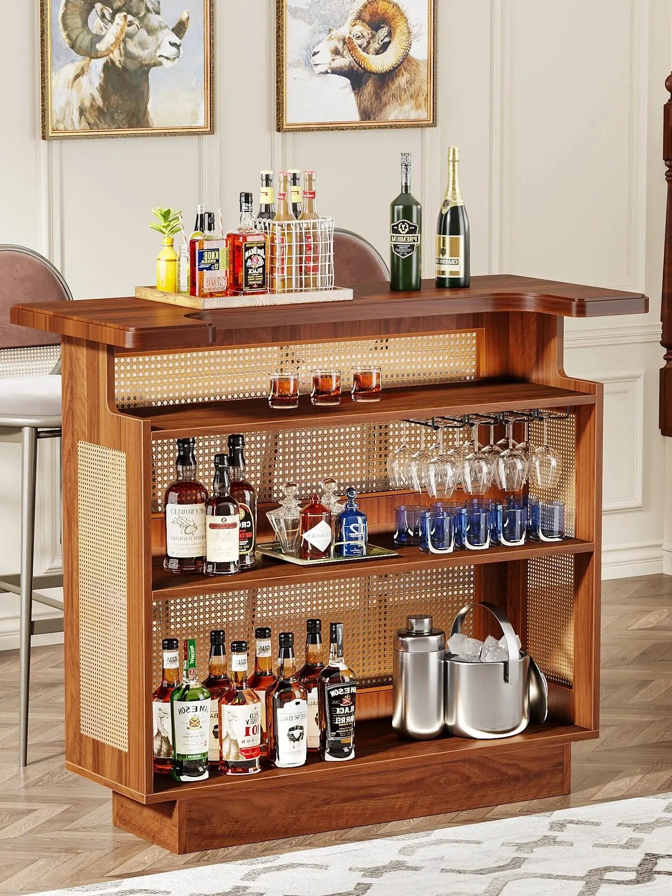 Farmhouse Rattan Home Bar Cabinet with 4 Shelves, Stemware Racks & Elevated Base – Rustic Liquor Storage Table