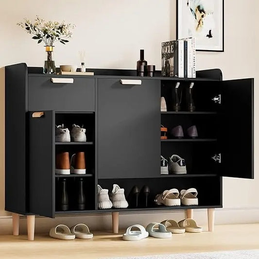 Modern Shoe Cabinet with Drawer & Doors – 4-Tier Adjustable Wood Shoe Organizer for Entryway, Hallway, or Bedroom