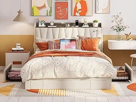 Full Size Upholstered Bed Frame with Storage Headboard, Charging Station & 3 Drawers – No Box Spring Needed, Beige Linen