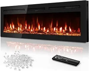 60" Wall-Mounted Electric Fireplace – Ultra-Thin Recessed Heater with 12 Flame Colors & Remote