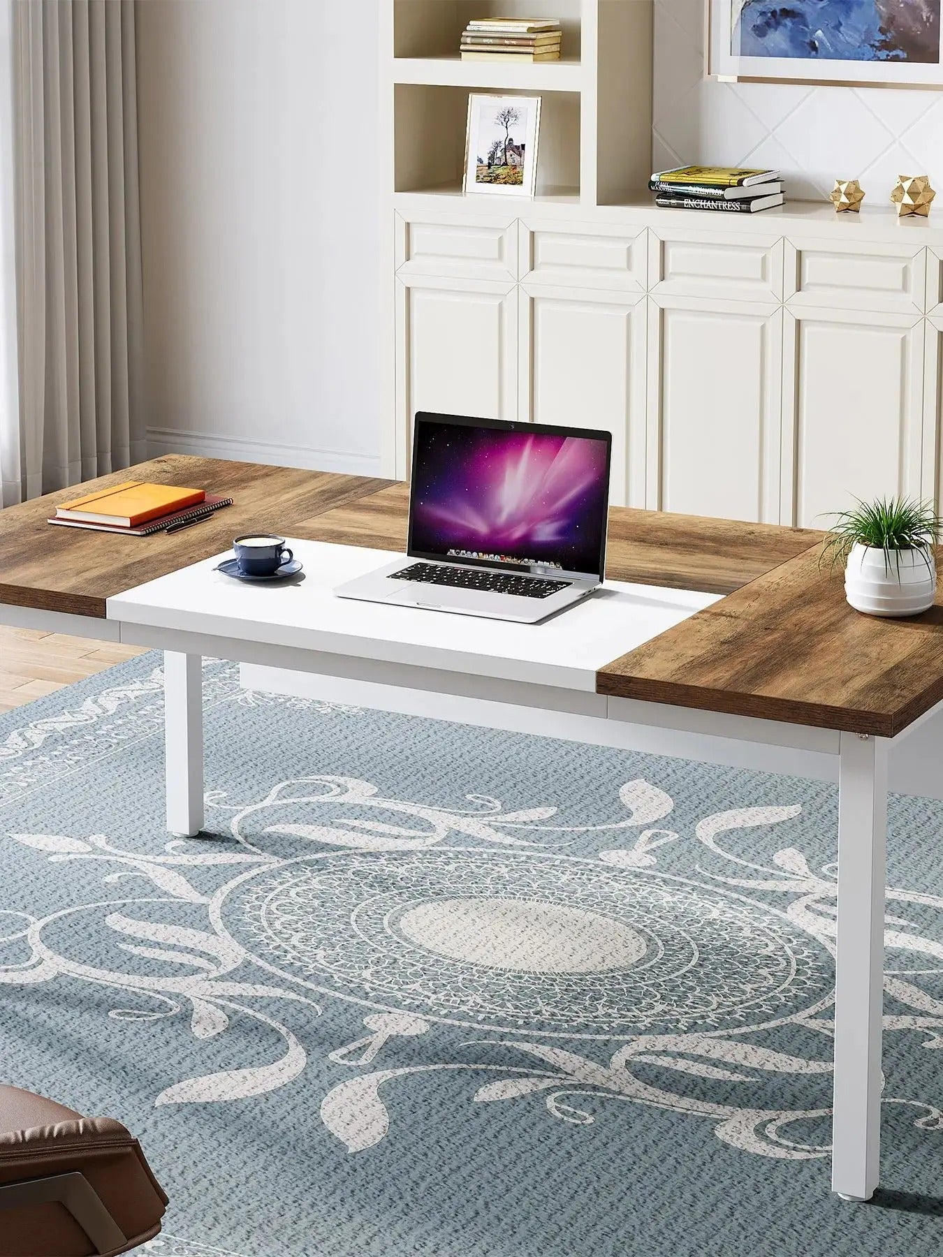 A spacious and versatile L-shaped desk and filing cabinet set for a stylish, productive home office. Perfect for multitasking, organizing, and maximizing workspace.