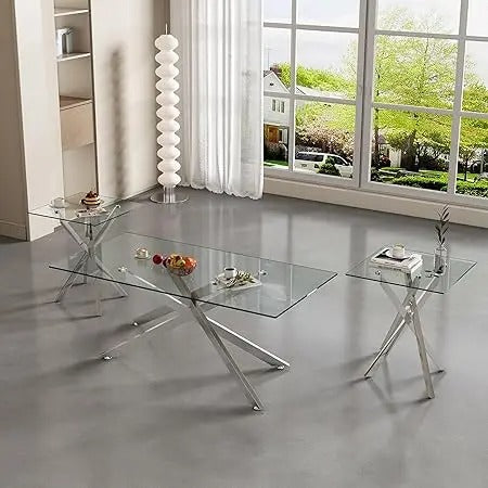 3-Piece Modern Glass Living Room Table Set – Coffee Table & 2 End Tables, Silver