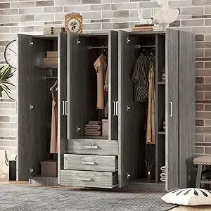 6-Door Wardrobe Closet with 3 Drawers & Lockable Storage – Modern Freestanding Armoire Organizer for Bedroom